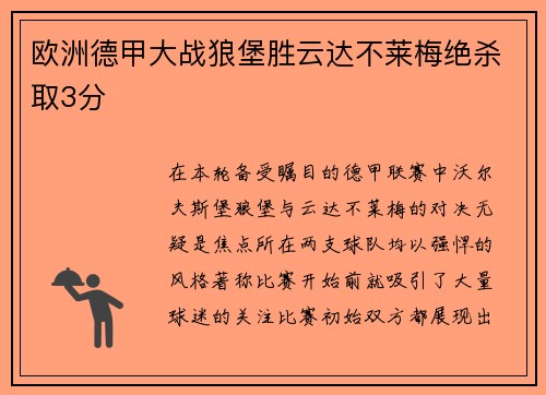 欧洲德甲大战狼堡胜云达不莱梅绝杀取3分